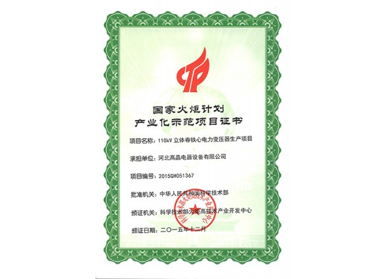 National Torch Plan industrialization project certificate